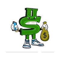 a green dollar sign holding a bag of money